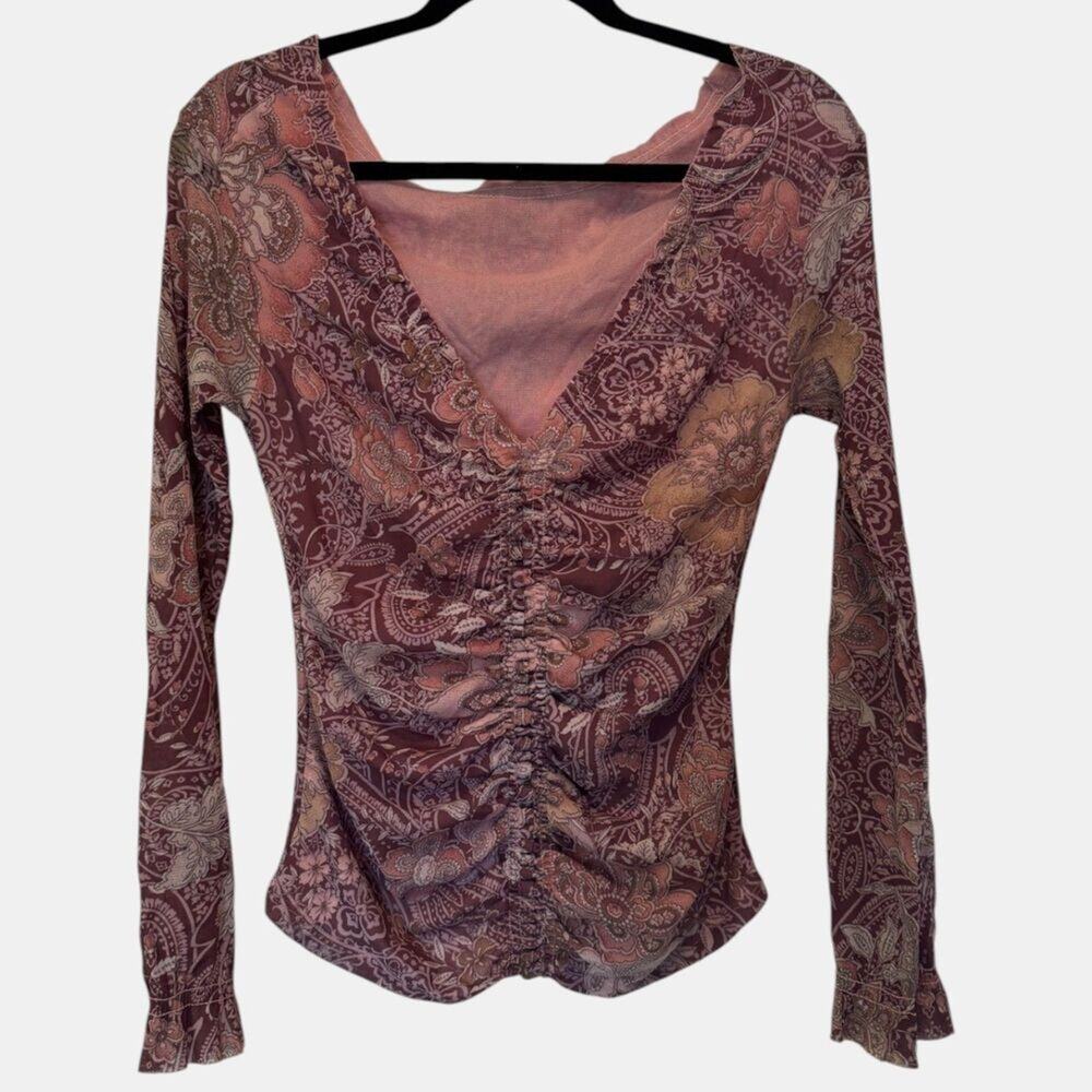 Y2K Style Micro Mesh Shirt Paisley Floral Print Brown + Tan Size M Western Boho